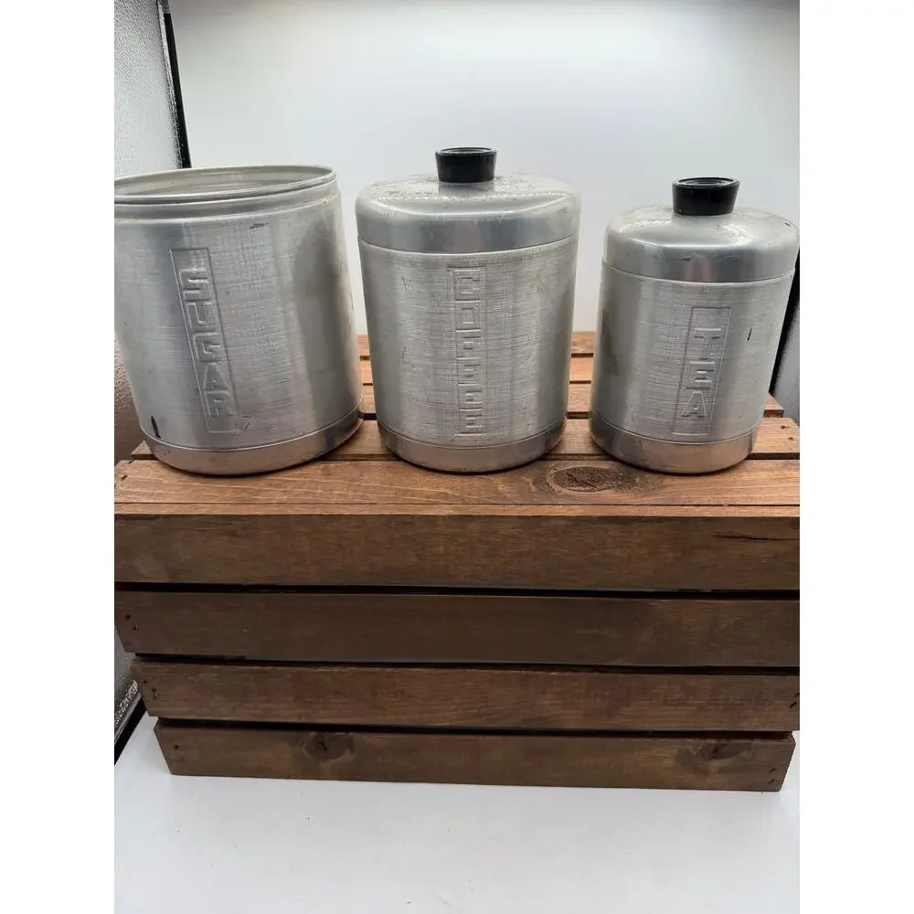 Vintage MCM Spun Aluminum Kitchen Canister Set-Sugar Coffee Tea-Black Lids 1950s